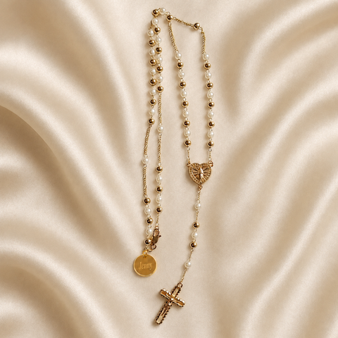 Pearl and Gold Heart of Mary Personalized Rosary