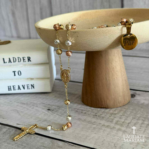 Our Lady of Guadalupe Tricolor Rosary – Custom Name Beads in Gold, Silver & Rose Gold