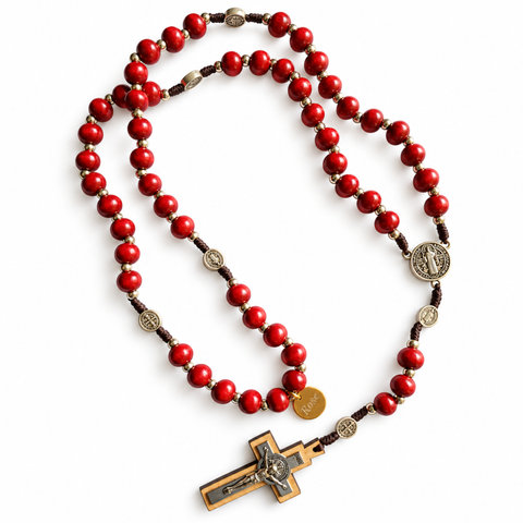 Red Wooden Saint Benedict Personalized Rosary