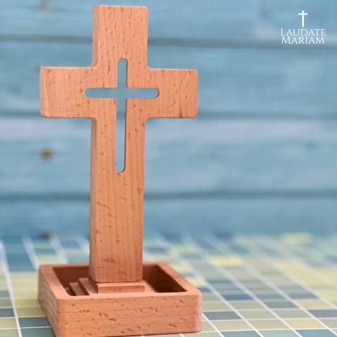 Personalized Wooden Standing Cross – Portable Christian Home & Travel Altar with Custom Engraved Base