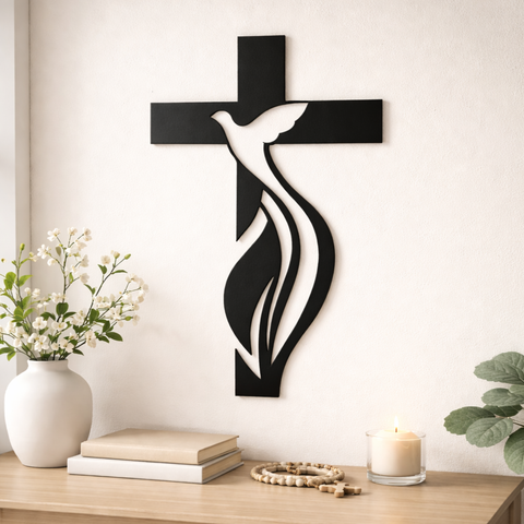 Holy Spirit Cross Wall Decor – Matte Black Metal Christian Art