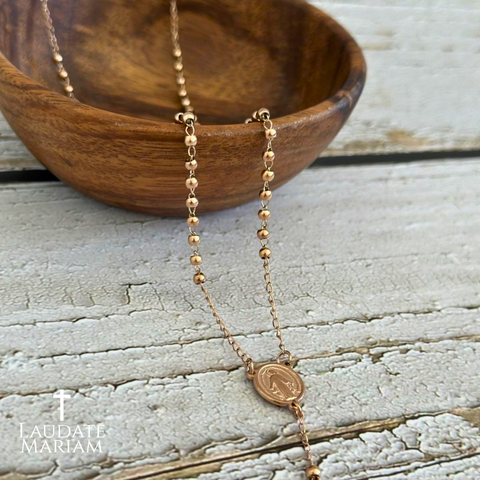 Rose Gold Miraculous Medal Rosary Necklace with Custom Engraving