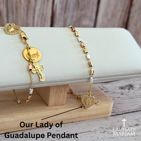 Personalized Our Lady of Guadalupe Bracelet | Tricolor Beads and Heart-Shaped Design