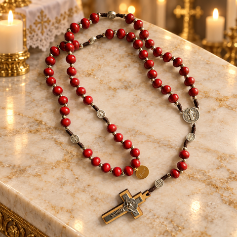Red Wooden Saint Benedict Personalized Rosary