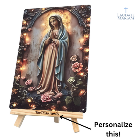 Our Lady of Lourdes 2D Personalized Faith Plaque – High-Quality Steel Catholic Wall Art with Custom Engraved Stand