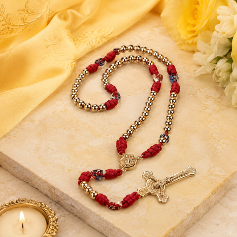 Personalized Saint Benedict Catholic Rosary, 8mm Gold Beads with Red Cord