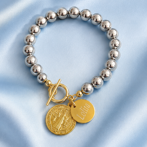 Personalized St. Benedict Medal Silver Bracelet in Stainless Steel