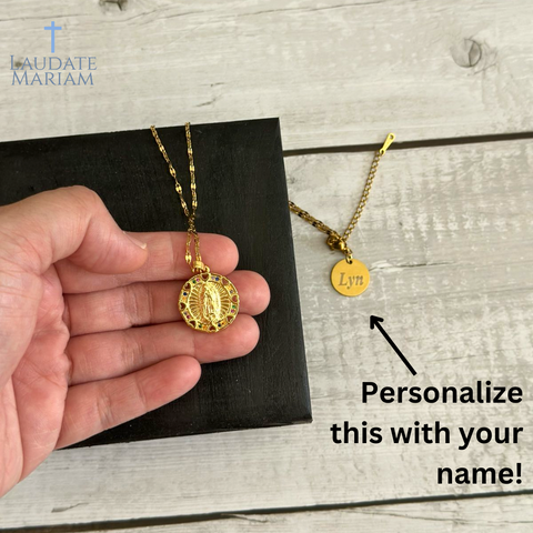 Personalized Our Lady of Guadalupe Gold Necklace – Stainless Steel Chain & Engraved Name Pendant