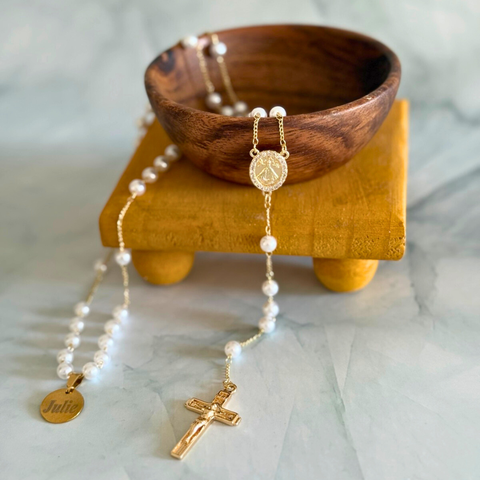 Classic White Pearl Rosary with Personalized Name