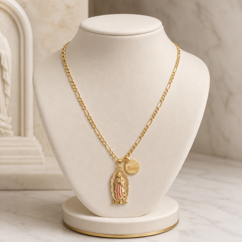 Personalized Our Lady of Guadalupe Necklace with Pink Pendant and Gold Chain
