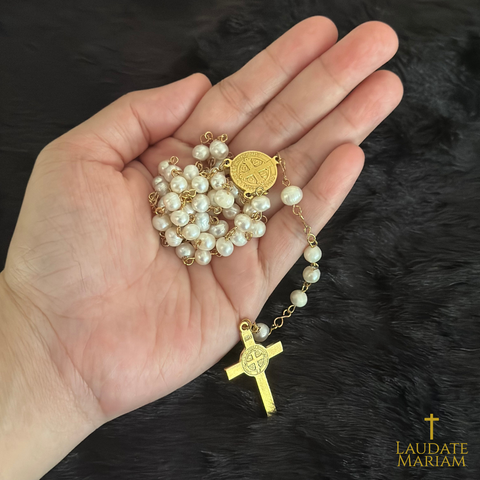 Personalized Freshwater Pearl Rosary with St. Benedict Medal and Cross