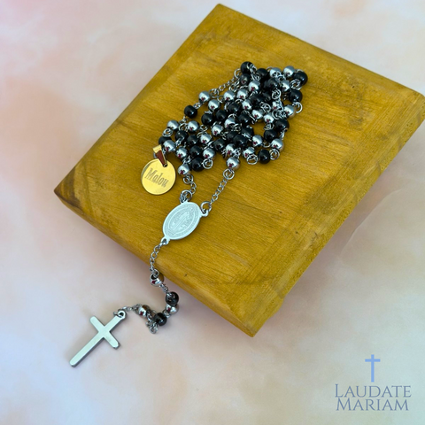 Personalized St. Benedict Rosary – Custom Name Engraving, Stainless Steel Beads in Silver & Black