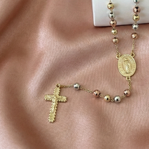 Personalized St. Joseph Rosary Necklace – Tri-Color Stainless Steel Catholic Rosary with Custom Name