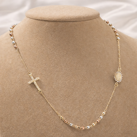 St. Benedict Rosary Necklace for Women – Stainless Steel 3-Decade Tricolor Beads