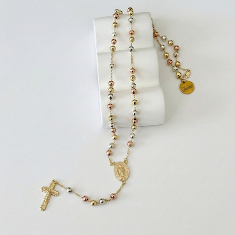 Personalized St. Joseph Rosary Necklace – Tri-Color Stainless Steel Catholic Rosary with Custom Name