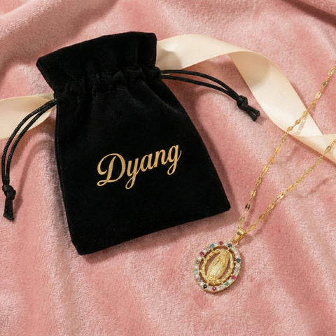 Our Lady of Guadalupe Gold-Tone Stainless Steel Necklace with Multicolor Zirconia Semi-Precious Stones