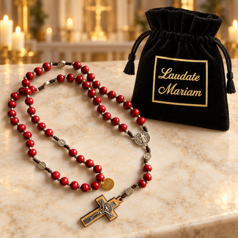 Red Wooden Saint Benedict Personalized Rosary