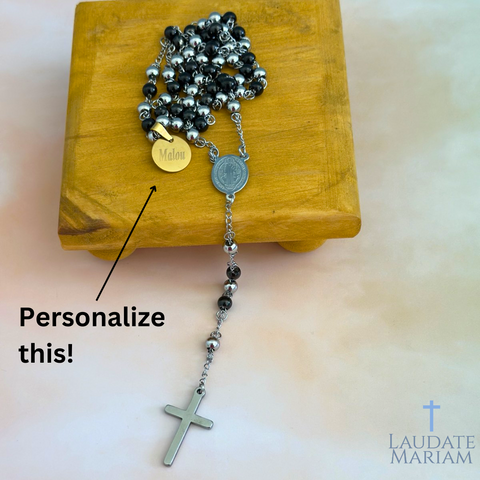 Personalized St. Benedict Rosary – Custom Name Engraving, Stainless Steel Beads in Silver & Black