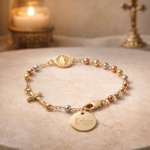 Personalized Rosary Bracelet with Guadalupe Medal – Tri-Color Stainless Steel