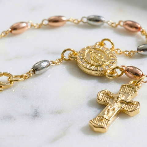 Our Lady of Guadalupe Tri-Color Rosary Bracelet in Stainless Steel