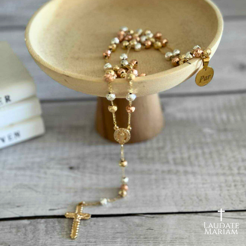 Our Lady of Guadalupe Tricolor Rosary – Custom Name Beads in Gold, Silver & Rose Gold