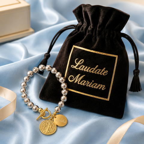 Personalized St. Benedict Medal Silver Bracelet in Stainless Steel