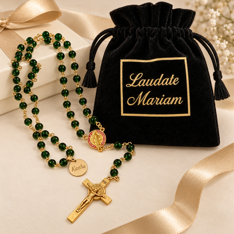 St. Benedict Personalized Rosary with Emerald Green Glass Beads