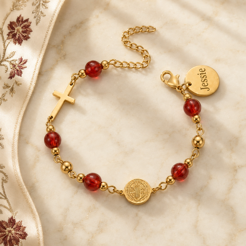 St. Benedict Medal and Cross Personalized Color Bracelet