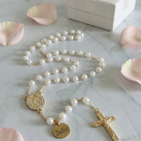 Classic White Pearl Rosary with Personalized Name