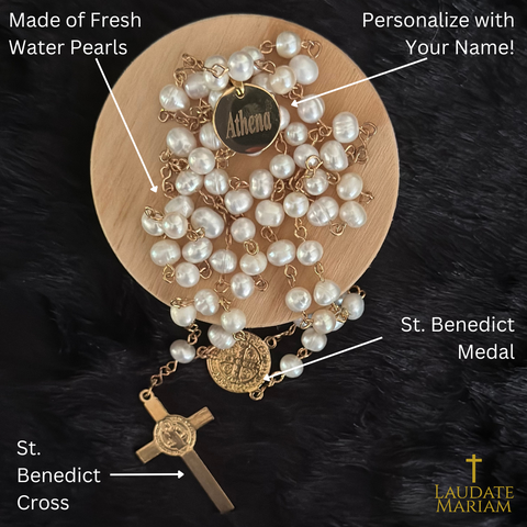 Personalized Freshwater Pearl Rosary with St. Benedict Medal and Cross