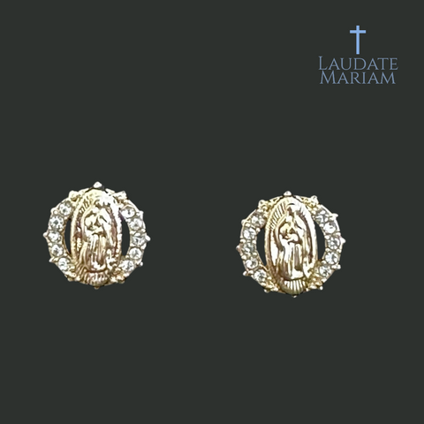 Our Lady of Guadalupe Earrings – Gold-Plated Devotional Studs with Sparkling Crystal Border | Catholic Gift for Women