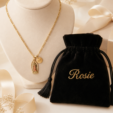 Personalized Our Lady of Guadalupe Necklace with Pink Pendant and Gold Chain
