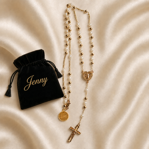 Pearl and Gold Heart of Mary Personalized Rosary