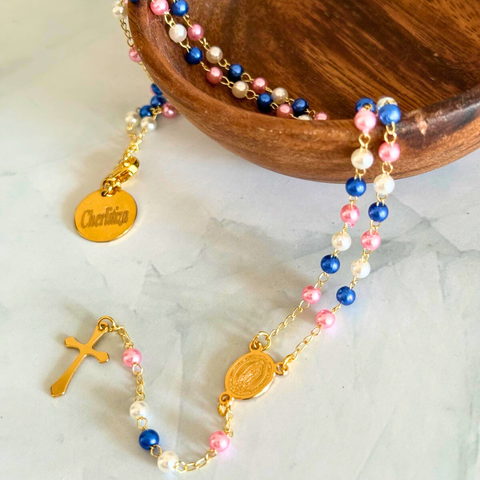 Personalized Marian Rosary in Blue, Pink & White