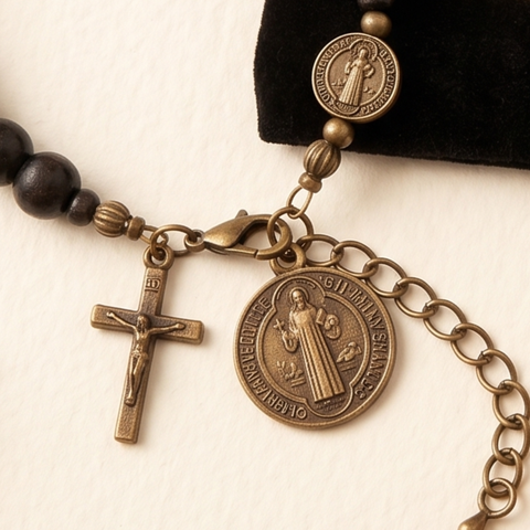 St. Benedict Medal Bracelet – Black Wood Beads with Antique Crucifix Charm