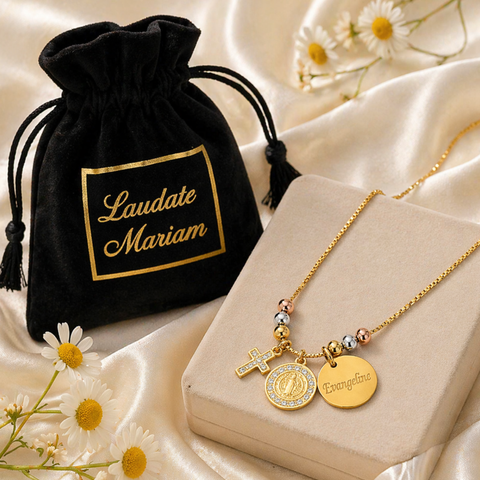 Personalized St. Benedict Gold Necklace with Name – Tri-Color Beads Catholic Jewelry Gift