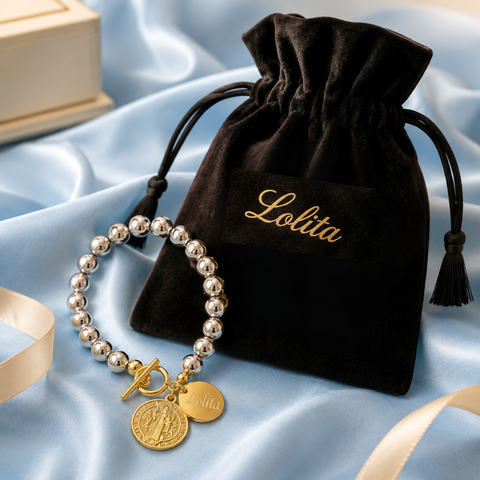 Personalized St. Benedict Medal Silver Bracelet in Stainless Steel