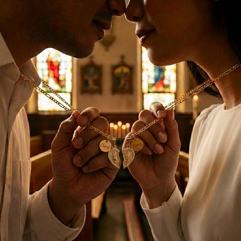 Catholic His & Hers Couple Necklace Set – St. Joseph & Virgin Mary Medals | Valentine’s Gift