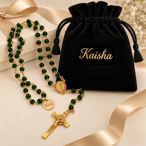 St. Benedict Personalized Rosary with Emerald Green Glass Beads
