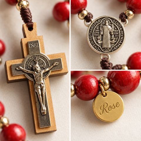 Red Wooden Saint Benedict Personalized Rosary