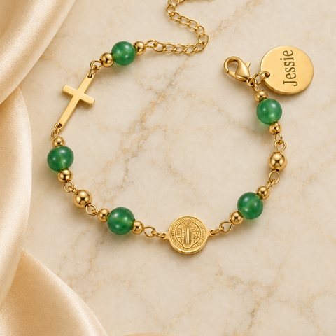 St. Benedict Medal and Cross Personalized Color Bracelet