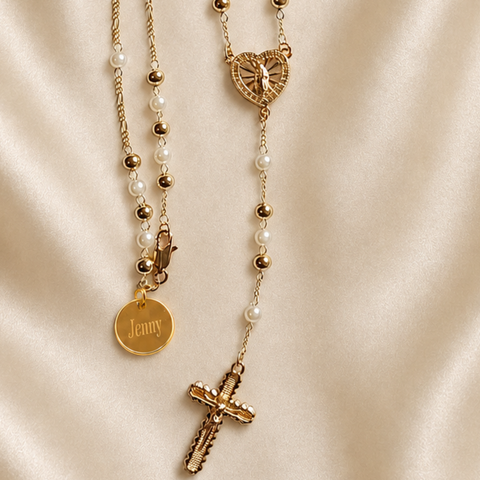 Pearl and Gold Heart of Mary Personalized Rosary