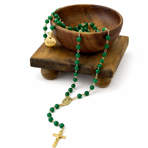 Our Lady of Guadalupe Rosary – Green Glass Beads with Stainless Steel Chain Catholic Prayer Rosary