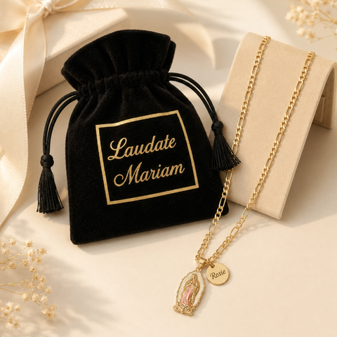 Personalized Our Lady of Guadalupe Necklace with Pink Pendant and Gold Chain