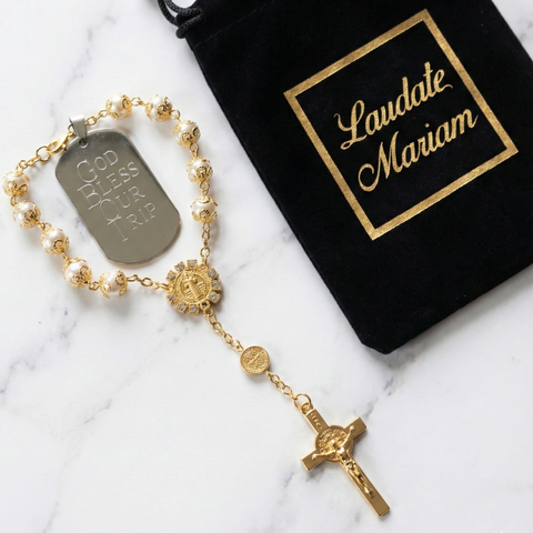 Personalized St. Benedict Car Rosary with Faux Pearl Beads