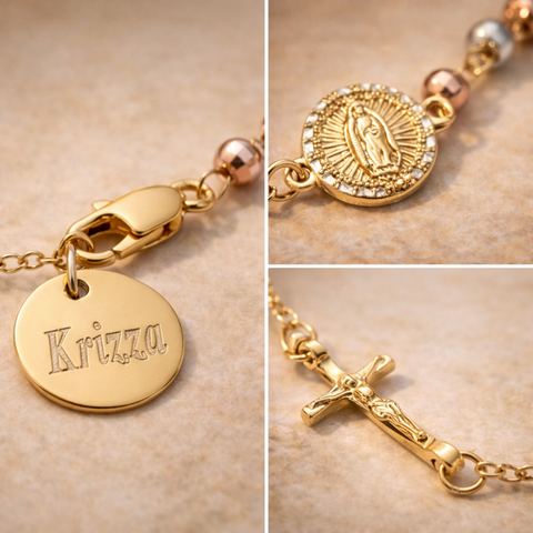 Personalized Rosary Bracelet with Guadalupe Medal – Tri-Color Stainless Steel