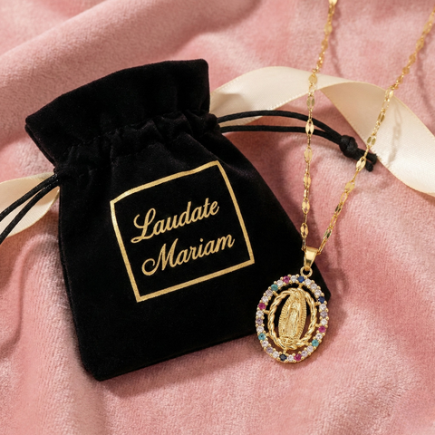 Our Lady of Guadalupe Gold-Tone Stainless Steel Necklace with Multicolor Zirconia Semi-Precious Stones