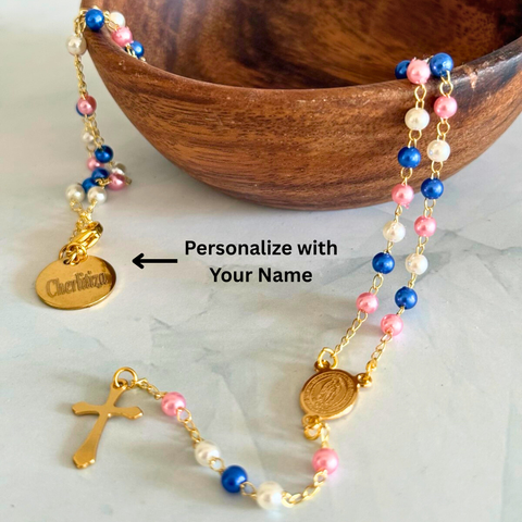 Personalized Marian Rosary in Blue, Pink & White
