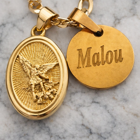 St. Michael the Archangel Necklace with Personalized Name Charm – Gold Catholic Pendant