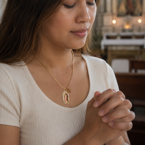 Personalized Our Lady of Guadalupe Necklace with Pink Pendant and Gold Chain